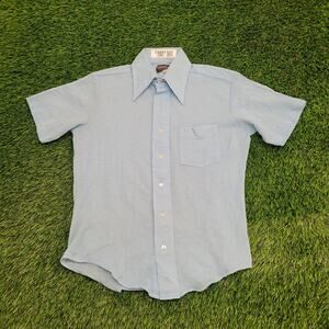 Vintage 70s Disco Button Shirt Medium 19x25 Polyester Blue